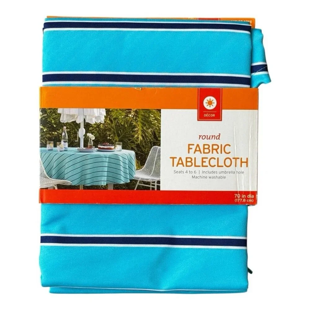 NEW NWT Target Fabric Tablecloth Round 70 Inch Diameter Blue with White Stripes - Picture 1 of 5